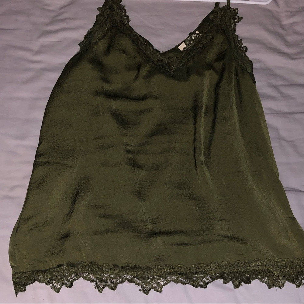 olive green silk tank with lace detailing